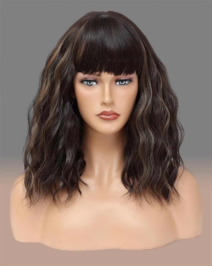 WAVE&BREEZE Short Brown Wavy Wigs with Bangs 14Inch Blonde Highlight Curly Bob Wig for Women Shoulder Length Natural Looking Hair Replacement Wig for Daily Party Use Cosplay Costume Halloween Wig
