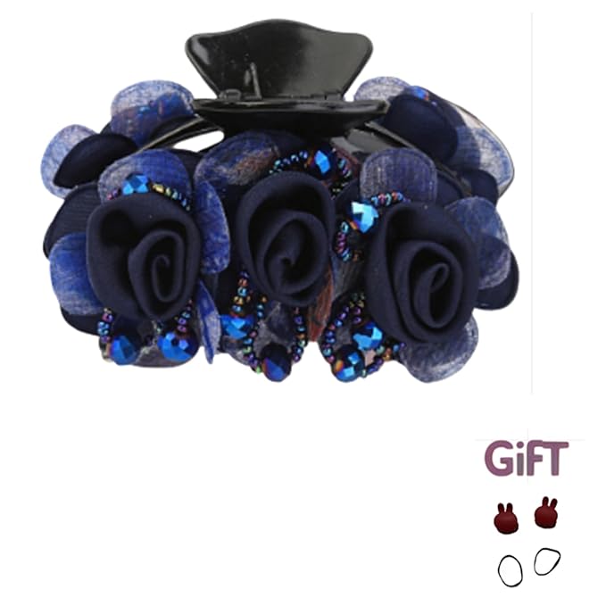 Elegant Rose Hair Clip, Navy Blue Floral Barrette with Rhinestones, Double Flower Design.hair accessories for women