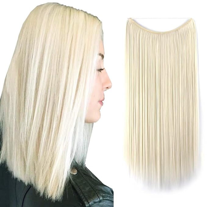 iLUU 22" 80g Long Natural Straight Hairpiece #60 Platinum Blonde Color Hidden Fishing Line Secret String Synthetic Hair Extensions with Transparent Fish Line for Women Party Daily Use