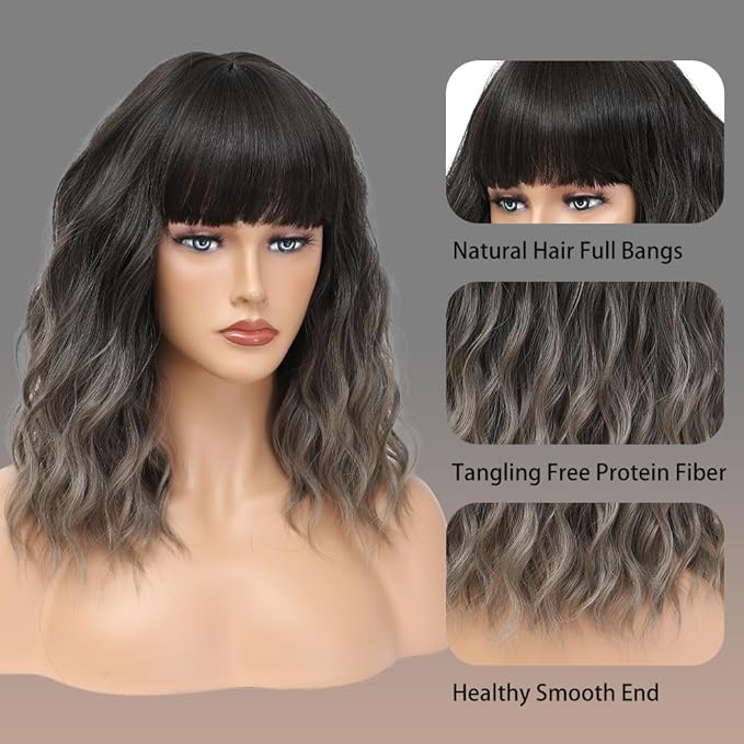 WAVE&BREEZE Short Gray Wigs with Bangs 14Inch Ombre Grey Mixed Brown Curly Bob Wig for Women Shoulder Length Natural Looking Hair Replacement Wig for Daily Party Use Cosplay Costume Halloween Wig