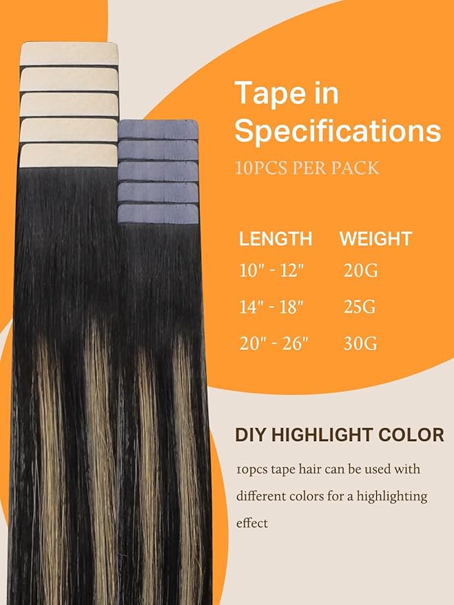 DOORES Tape in Hair Extensions Human Hair, Natural Black to Light Blonde 10pcs 26 Inch 30g, Hair Extensions Tape in Extensions Skin Weft Natural Remy Hair