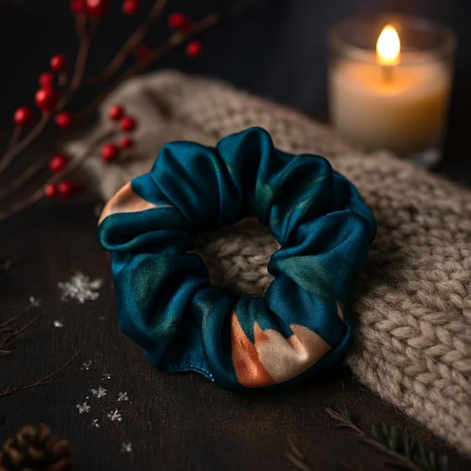 Pure Silk Scrunchies, 100% Mulberry Silk Hair Elastic for Women, Anti-Crease, Gentle on Hair, 1 PC, Teal Flower