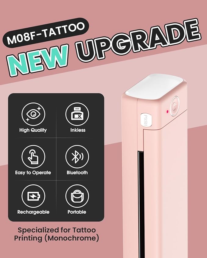 Phomemo Tattoo Stencil Printer, M08F Wireless Thermal Tattoo Printer with 10pcs Transfer Paper, Compatible with Phone/Tablet/PC, Tattoo Supplies for Tattoo Artists & Beginners, Pink﻿
