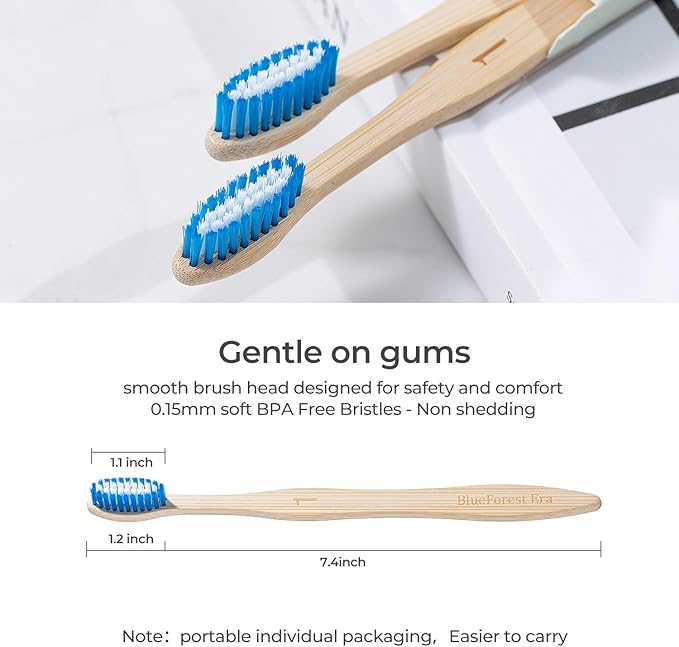 Bamboo Toothbrushes 10 Count, Soft Plant-Based Bristles, Natural Wooden Toothbrush for Adults, Biodegradable Travel Tooth Brushes