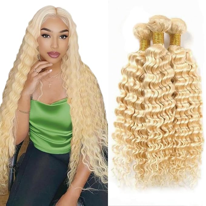Freiuoke Blonde Human Hair Bundles 613 Deep Wave Bundle Brazilian Unprocessed Virgin Hair 3 Bundles 26 28 30 Inch Blonde Deep Wave Bundle