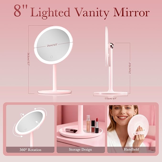 Makeup Mirror with Lights, 8" Magnetic Pink Vanity Mirror with Lights for Desk, Brightness Adjustable Lighted Makeup Mirror for Kids/Girls/Teens/Women with 3 Colors Lighting and 360° Rotation