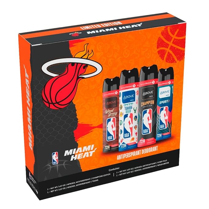 Above NBA Antiperspirant Deodorant Spray for Men | MIAMI HEAT Team Pack | 4 Scents | 72h | Dry Spray | No Stains | 5.07 oz – Pack of 4