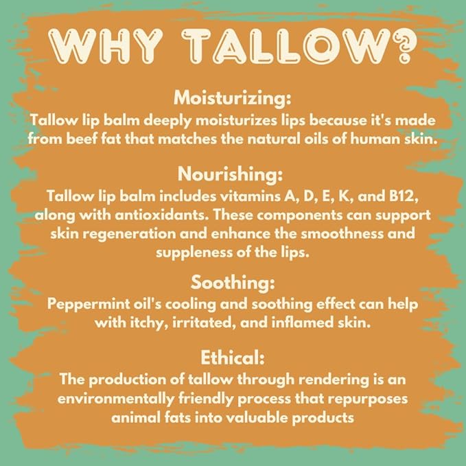 Grass-Fed Tallow Lip Balm with Organic Beeswax and Natural Peppermint Oil - Handmade With Only 3 Ingredients To Lock In Soothing Moisture (4 Pack, Peppermint)