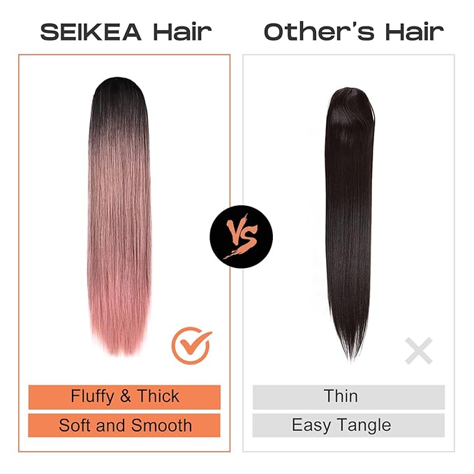 SEIKEA 28" Drawstring Ponytail Extension for Black Women Long Straight Fake Hair Natural Soft Clip in Hair Extensions Synthetic Heat Resistant Hairpiece Natural Black/Pink