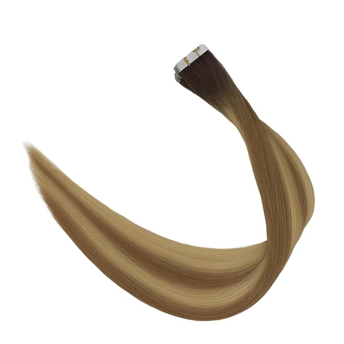 Full Shine Machine Remy Virgin Extensions 22 Inch Intact Tape in Hair Extensions Human Hair Color 3 Brown Fading to 8 And 22 Blonde Soft Real Hair Extensions Tape in 25G 10Pcs for Women