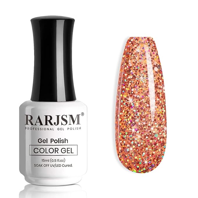 RARJSM Glitter Gel Nail Polish Rose Gold Sparkly Iridescent Rainbow Shimmer Clear Pink Holographic Nail Gelpolish Soak off L e d U V Curing Required 15ml High Pigments Gel for Home Manicure Nail Art