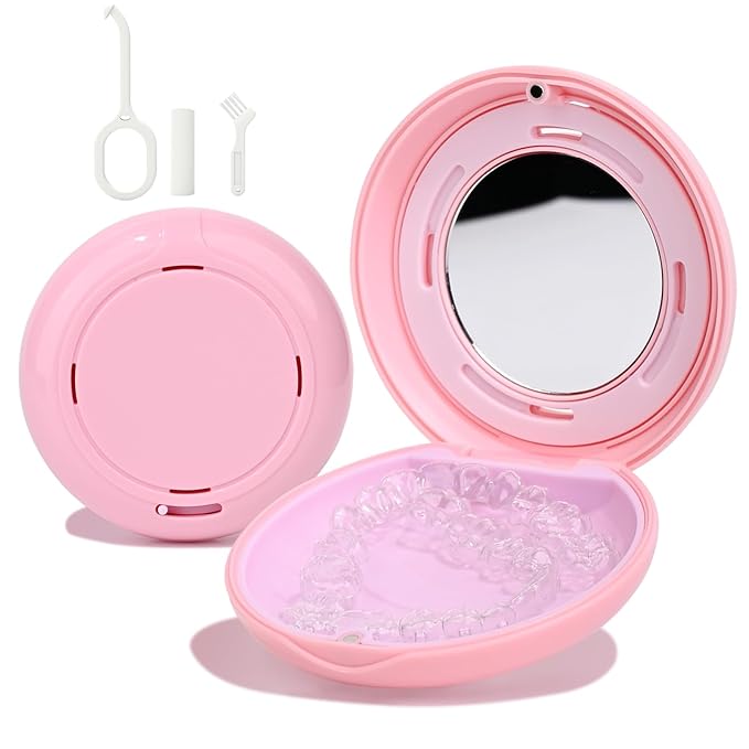 HEMILAB® Retainer Case, Slim Aligner Case with Mirror, Compatible with Invisalign, Cute Retainer Orthodontic Box with Vent Holes, Pink