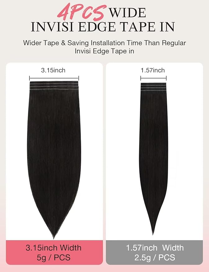 DOORES Invisi Edge Wide Hair Extensions Real Human Hair Tape in, Natural Black 4PCS Injection Tape ins 20g 18 Inch, 3 Inch Wide Natural Virgin Human Extensions Seamless Side