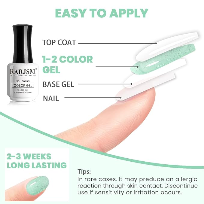 RARJSM Rainbow Glitter Gel Nail Polish Clear Pastel Green Chunky Sparkle Shimmer Jelly Iridescent Transparent Light Green Gel Polish Single Bottle Soak off UV LED Cured for Home Salon Manicure 15ML