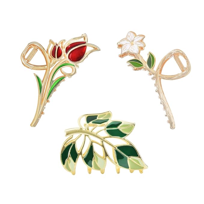 3-Piece Floral Metal Hair Accessories: Lily Leaves Tulip Barrettes, Strong Hold Non-Slip Hair Clamps for Thin/Medium Thick Hair