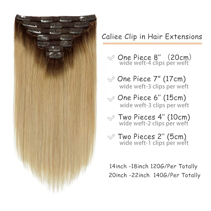Caliee 14 Inch Clip in Human Hair Extensions R4-18 Ombre Chocolate Brown with Dirty Blonde Silky Double Weft Lace Clip in Hair Extensions Invisible Natural Straight 120G 7 PCS