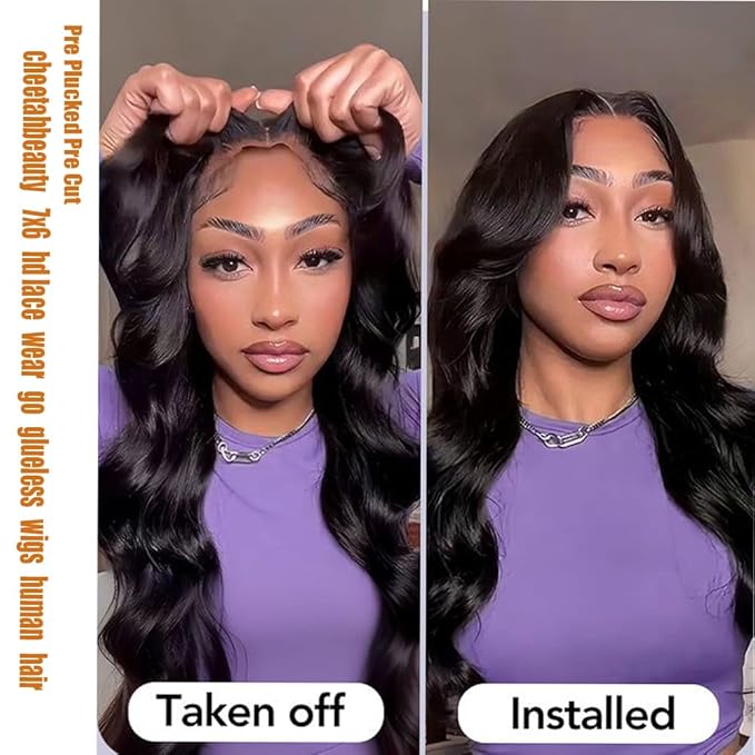 CHEETAHBEAUTY 7x6 Glueless Wigs Human Hair Pre Plucked Pre Cut 24 Inch Body Wave Lace Front Wigs Human Hair for Women 7x6 HD Lace Closure Wigs with Elastic Drawstring 200% Density Natural Color