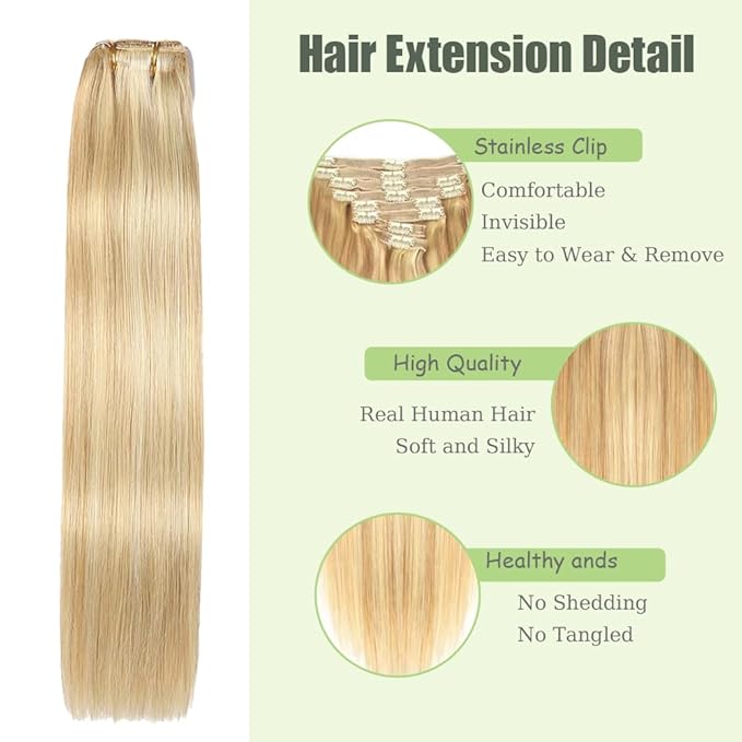 18 Inch P27/613 Blonde Clip in Hair Extensions - Real Remy Human Hair, 120g 7pcs, Highlight Blonde Human Hair Extensions Clip ins for Women