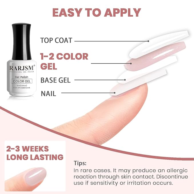RARJSM Nude Pink Glitter Gel Polish Sparkle Jelly Pink Gold Shimmer Pigment Gel Nail Polish Sheer Transparent Neutral Color Skin Tone 15ml Natural Soak off UV LED Cured for Home Salon DIY Nail Art