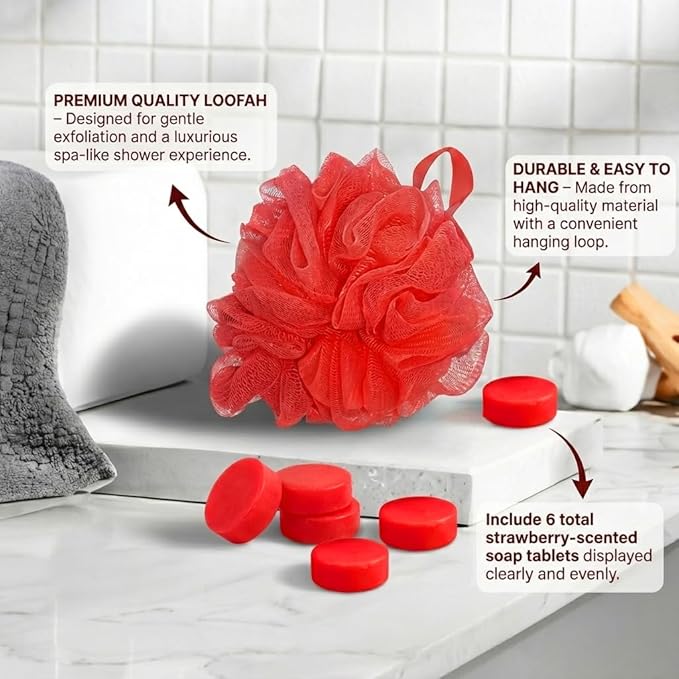 Bath Shower Loofah with Strawberry-Scented Soap – Soft & Exfoliating Body Scrubber, Soap-Infused Loofah, Luxurious Spa Experience, Durable (Red - Strawberry, Medium (Pack of 1))