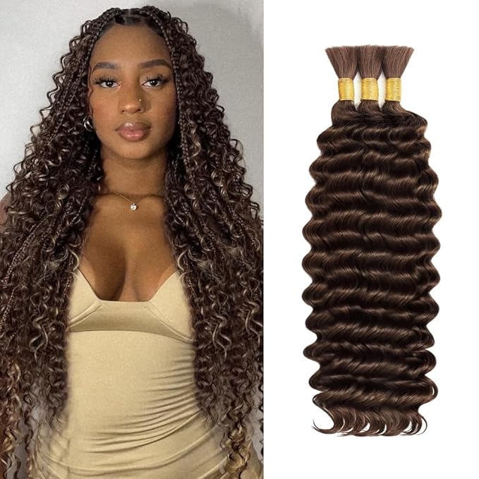 Boho Hair for Braiding Deep Wave Bulk Human Hair for Braiding 16 16 16 Inch No Weft Brown Deep Wave Bulk Bohemian 3 Bundles 150g