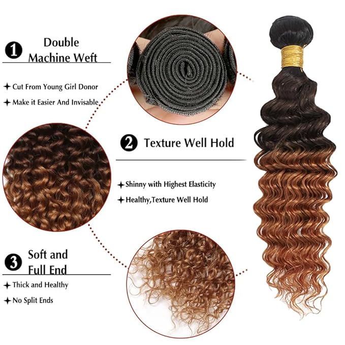 Omber Brown Bundles Human Hair #4 Deep Wave Bundles 16 18 20 inch 3 Tone Black Roots to Brown Bundle