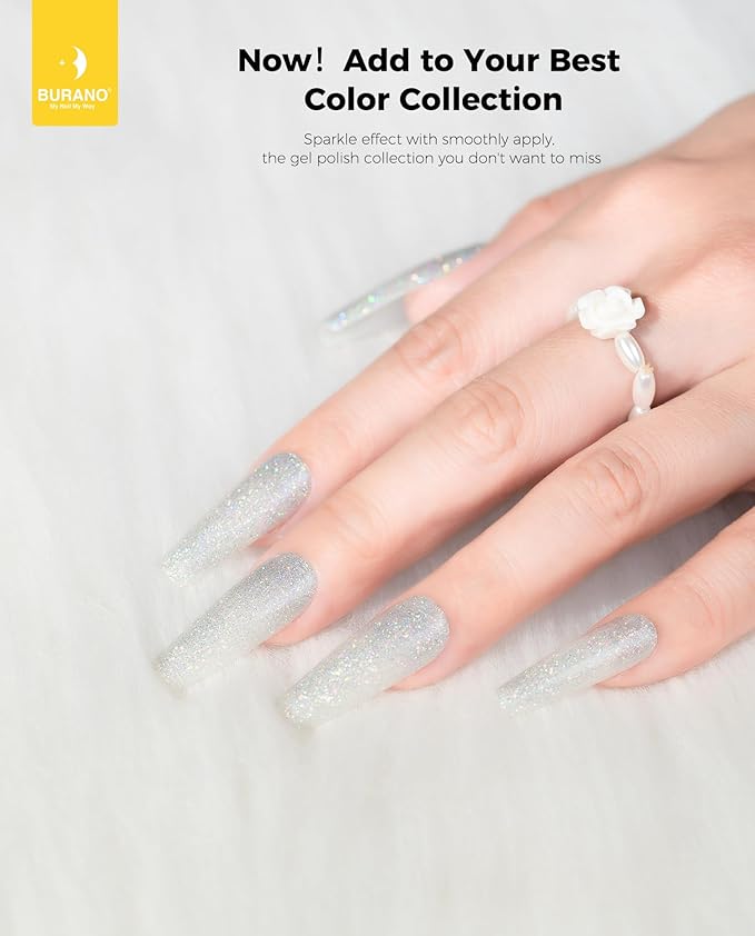 BURANO Glitter Gel Nail Polish - LED UV Curing, Holographic Effect, No Chip DiY Silver Nail Gel LP61