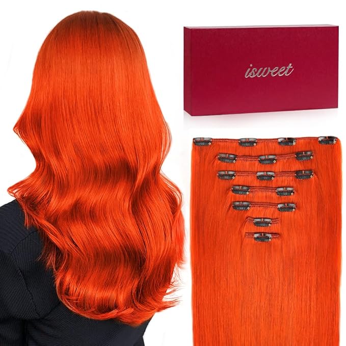 Straight Clip in Hair Extensions Real Human Hair, 7Pcs 14 Inch 95g Orange Invisible Natural Soft Remy Human Hair Extension Clip ins, Double Weft Hair Extensions Real Human Hair for Women