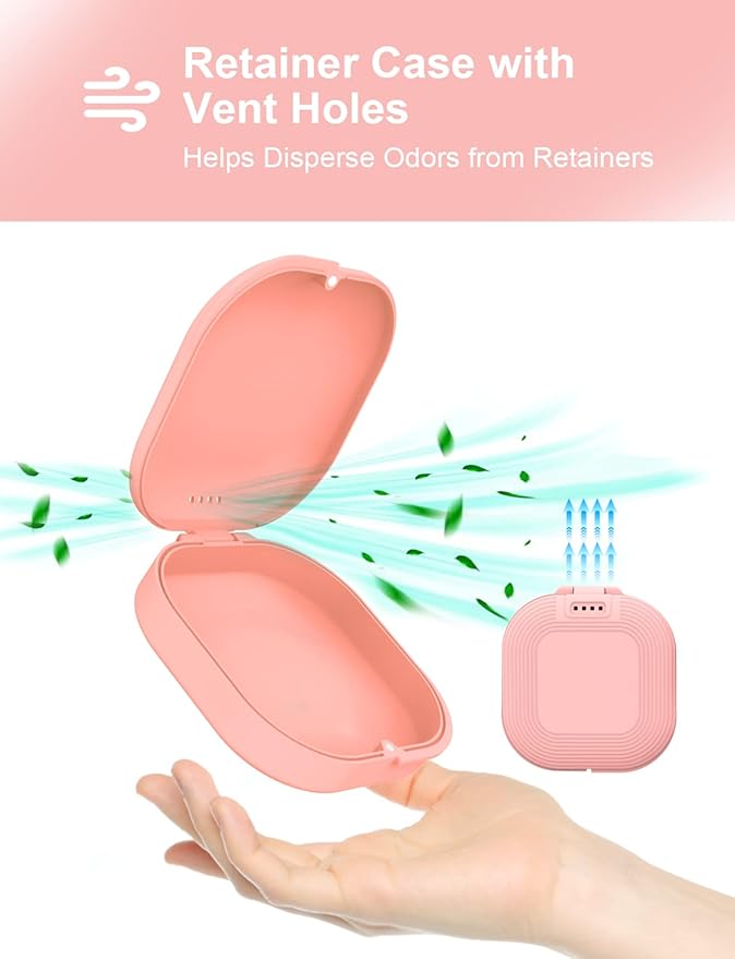 Retainer Case Compatible with Invisalign - Slim Mouth Guard Case with Remover Tool and Brush, Pink