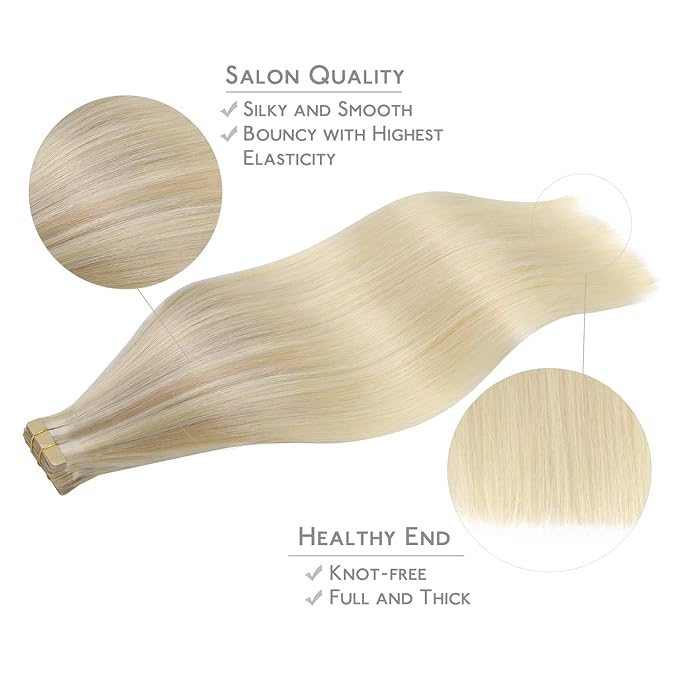 WENNALIFE Tape in Hair Extensions Human Hair, 20pcs 18 inch 50g Ash Blonde to Golden Blonde and Platinum Blonde Remy Tape Hair Extensions Real Human Hair Tape Extensions Coloured Hair Extensions