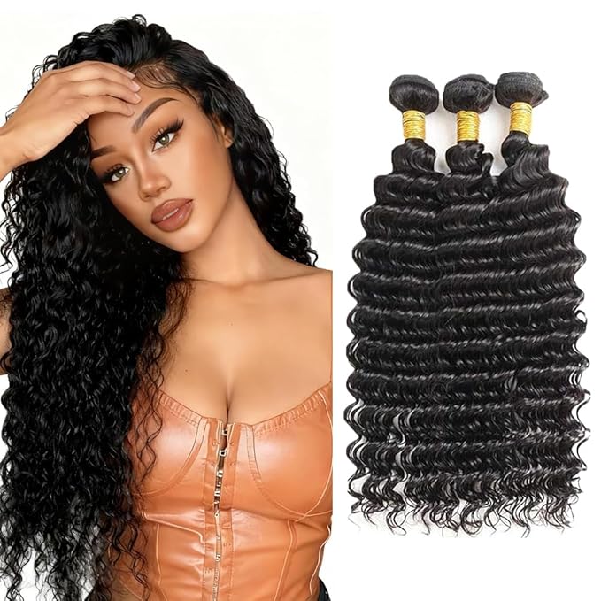 Deep Wave Bundles Human Hair 24 26 28 Inch Unprocessed Brazilian Virgin Hair for Women Remy Deep Wave Hair Extensions Natural Black Double Weft 150g
