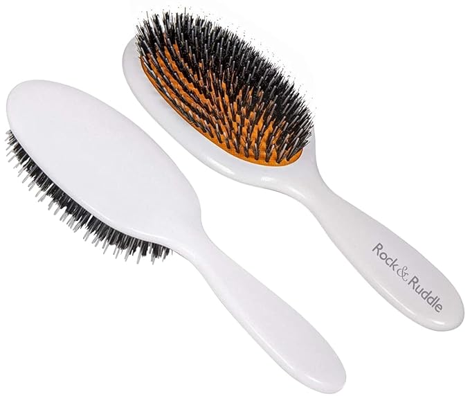 Rock & Ruddle Natural Mixed Boar Bristle Hair Brush for Women and Kids (Small/Travel Size, 17.5cm - Perfect for Wet or Dry Hair, Detangling Smoothing Blowdrying - Made in UK - White Shimmer Design
