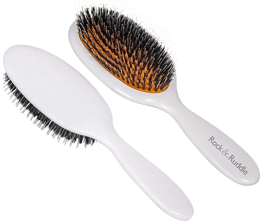 Rock & Ruddle Natural Mixed Boar Bristle Hair Brush for Women and Kids (Small/Travel Size, 17.5cm - Perfect for Wet or Dry Hair, Detangling Smoothing Blowdrying - Made in UK - White Shimmer Design