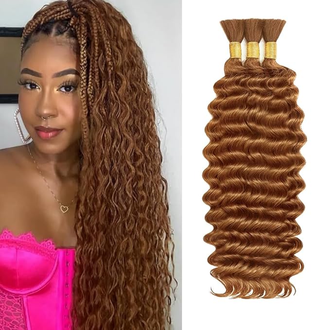 26 Inch Color #30 Deep Wave Human Braiding Hair for Boho Braids 150g Brown Deep Wave Bulk Human Hair for Braiding Dark Brown Color