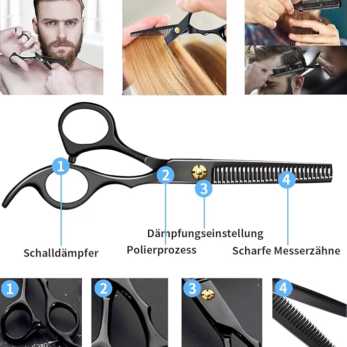 Hair Scissors Set - 11 Pcs Black Stainless Steel Haircut Set with Thinning Scissors, Neck Duster Brush, Comb, Barber Cape, Hair Clips with Pu Box