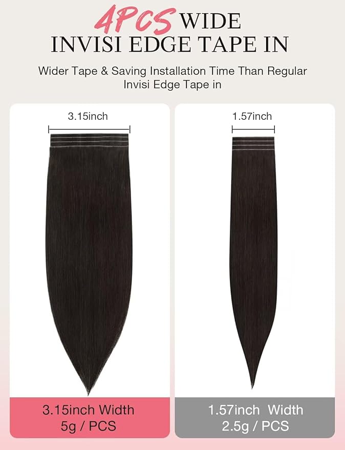 DOORES Invisi Edge Wide Tape in Hair Extensions Human Hair, Dark Brown 4PCS Injection Tape ins 20g 18 Inch, Virgin Human 3 Inch Wide Injected Extensions Invisible Straight for Women