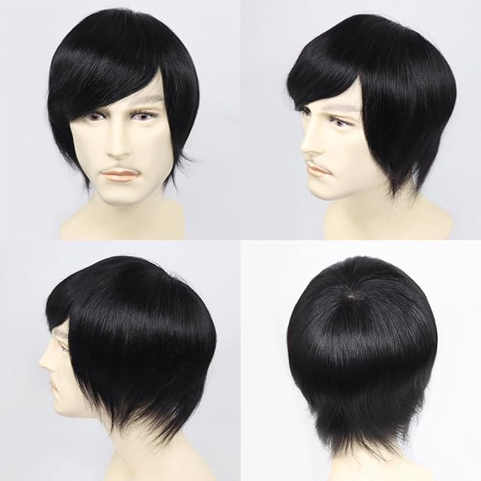 6x8 7x9 Hair Men’s Toupee Mono Lace PU Hairpiece Replacement Capillary Prosthesis System 100% Human Hair Breathable Durable Males Wig Natural Black (Q6, 6X9)
