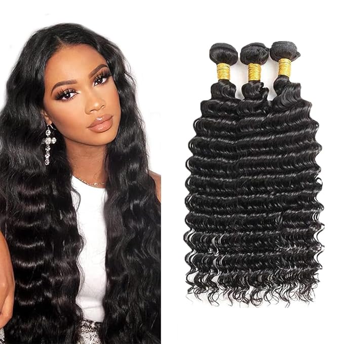 Deep Wave Bundles Human Hair Unprocessed Brazilian Virgin Hair 16 18 20 Inch 150g/3 Bundles Deep Wave Human Hair Bundle Double Weft Natural Black