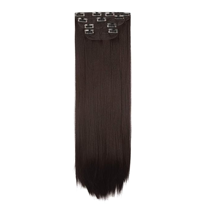 REECHO 26" Straight Super Long 4 PCS Set Thick Clip in on Hair Extensions Dark Brown with Little Reddish