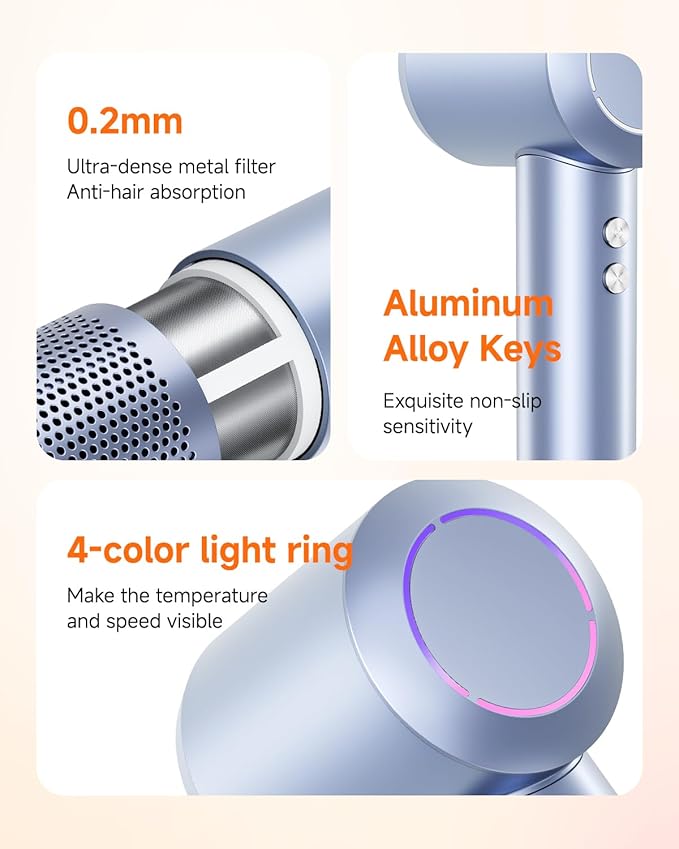 PLUZZ Professional Hair Dryer with Diffuser for Curly Hair, 400M Negative Ionic Blow Dryer for Fast Drying, 120,000 RPM High-Speed Brushless Motor, Low Noise Lightweight, Travel-Friendly (Silver)