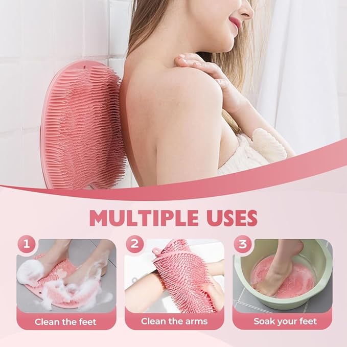 2026 New Silicone Shower Foot Scrubber Mat, Foot Back Cleaning Pad Back Washer Exfoliating Bath Wash Pad, Shower Foot Scrubber Mat with Non-Slip Suction Cups (Brown)