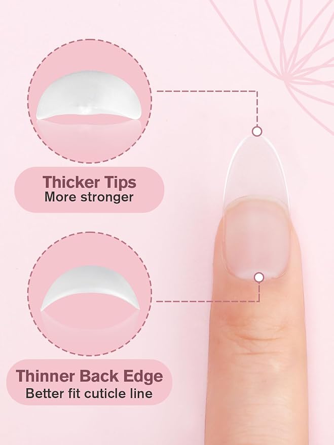 EBANKU Build on Apex Natural Nail Tips, 16 Sizes 480 PCS Middle Almond Clear Acrylic Full Cover Press on Nail Tips with Builder Glue, Pre-applied Tip Primer & Base Coat