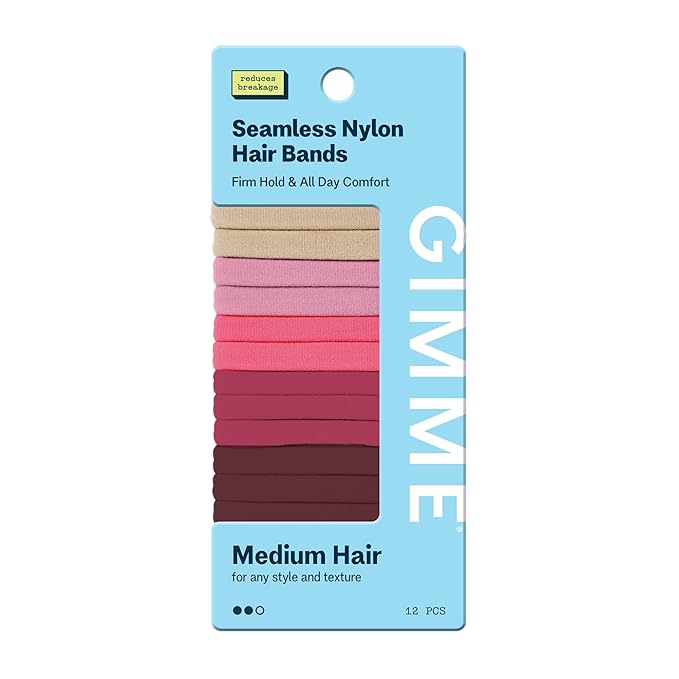 Gimme Beauty Medium Hair Bands Seamless Nylon - Low Profile Hair Accessory - Snag Free Tie for Firm, Lasting Hold - Soft, Non-Slip Ponytail Holder for Women - Pink, Burgundy, & Blonde, 12 Pack