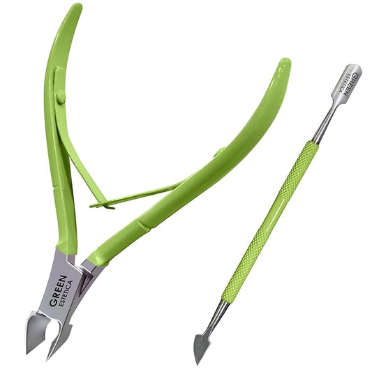 Professional Cuticle Trimmer with Cuticle Pusher Nail Cuticle Remover Nipper Silver Stainless Steel Sharp Blades Manicure Tools with Double Spring Nail Care Pedicure Nail Tools Home Spa (Green)