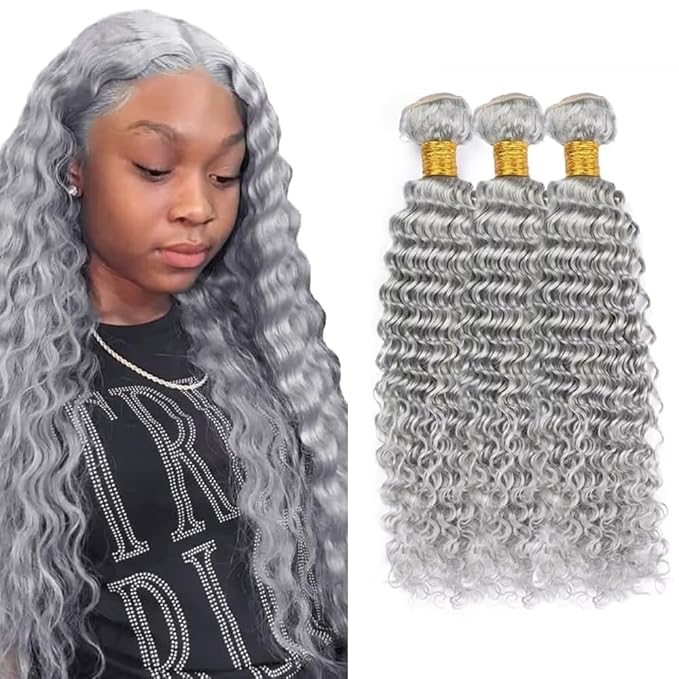 Gray Bundle Silver Human Hair Bundles Grey Deep Wave Bundle 14 16 18 inch Mixed Length 3 Bundles Silver Hair Extensions