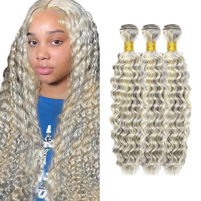 12 14 16 Inch Blonde Bundles Human Hair P613/grey Deep Wave 3 Bundle Unprocessed Brazilian virgin hair Weave Extensions Double Weft 50 Grams/Bundle Colored Highlight Grey Bundles for Woman
