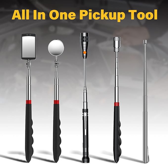 Magnetic Pickup Tool Set with 15lb&1lb Pick Up Rod, Round&Square 360 Swivel Adjustable Inspection Mirror, Telescoping Flexible Flashlight, Christmas Gifts Stocking Stuffers For Men, Dad, Husband