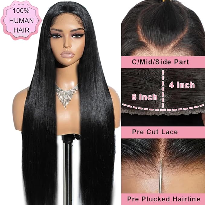 ALI PANDA (2-YEAR Life, 250g, 250% Density 6x4 Wear and Go Wig,100% Human Hair, Skinlike HD Glueless Closure Wigs Human Hair Pre Plucked Pre Cut, (0.1mm Ultra-Thin HD Lace), Middle Part 26 Inch