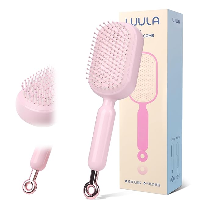 Self Cleaning Hair Brush, Retractable Cushion Massage Comb Brush, One-pull Clean Anti Static Brushs, Hairs Styling Tools for All Hairs Types, Retractable Hair Brush for Women Men (pink)