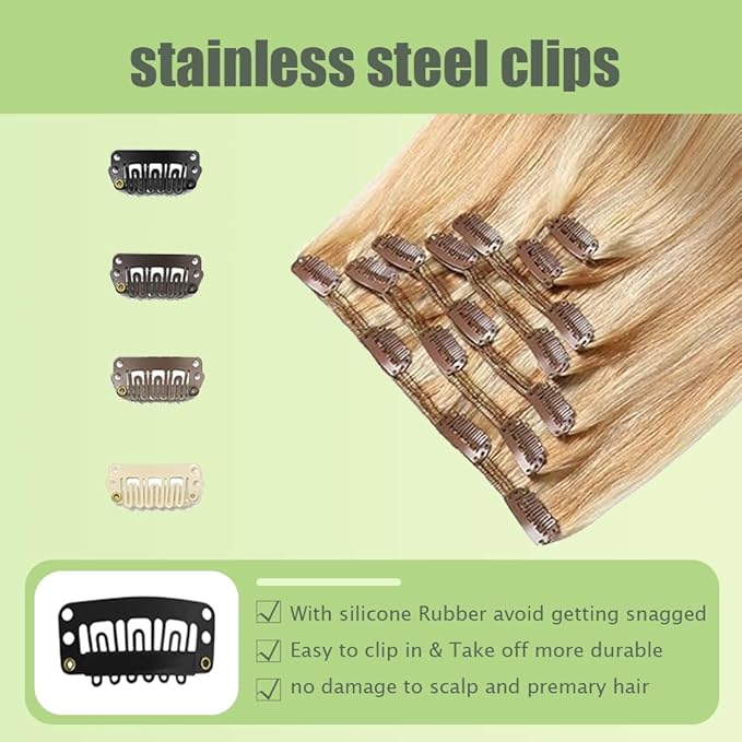 14 Inch P27/613 Blonde Clip in Hair Extensions - Real Remy Human Hair, 120g 7pcs, Highlight Blonde Human Hair Extensions Clip ins for Women